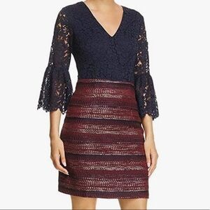Nanette Lepore Dress Lace Sleeves Tweed Metallic Skirt Section V-neck Size 10